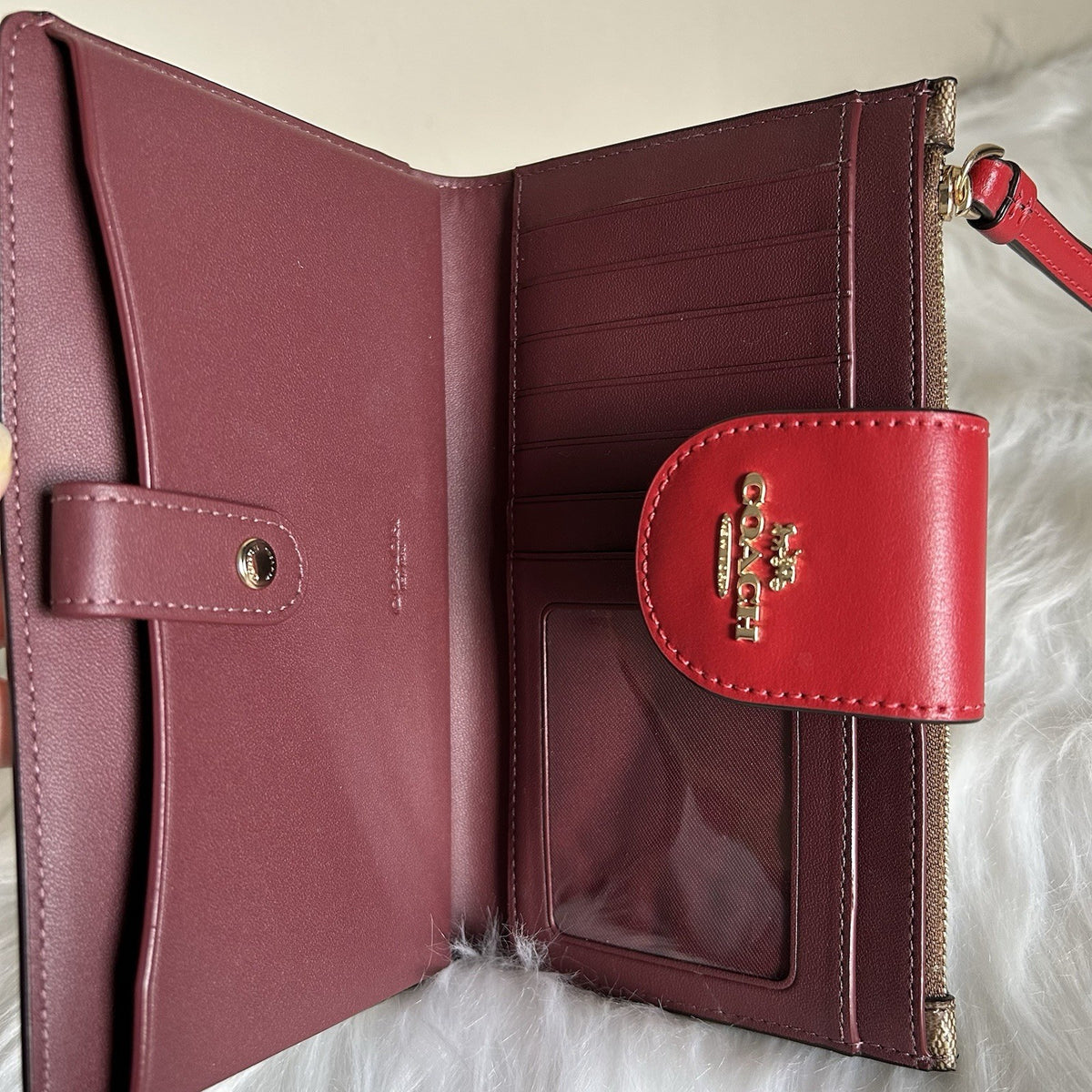 Coach Signature Canvas Red Leather Wristlet Wallet Excellent2