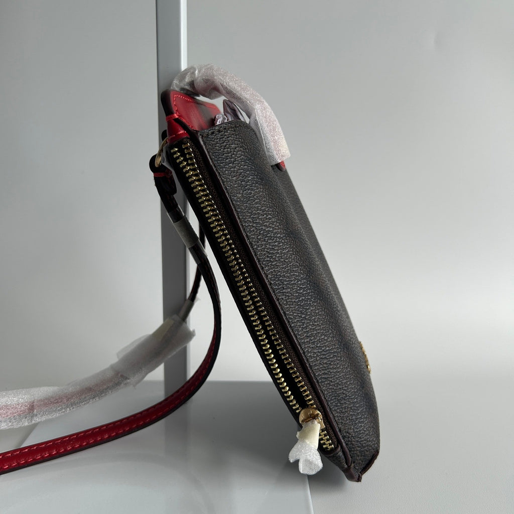 Coach North South Phone Crossbody Walnut Red Signature Canvas C68844