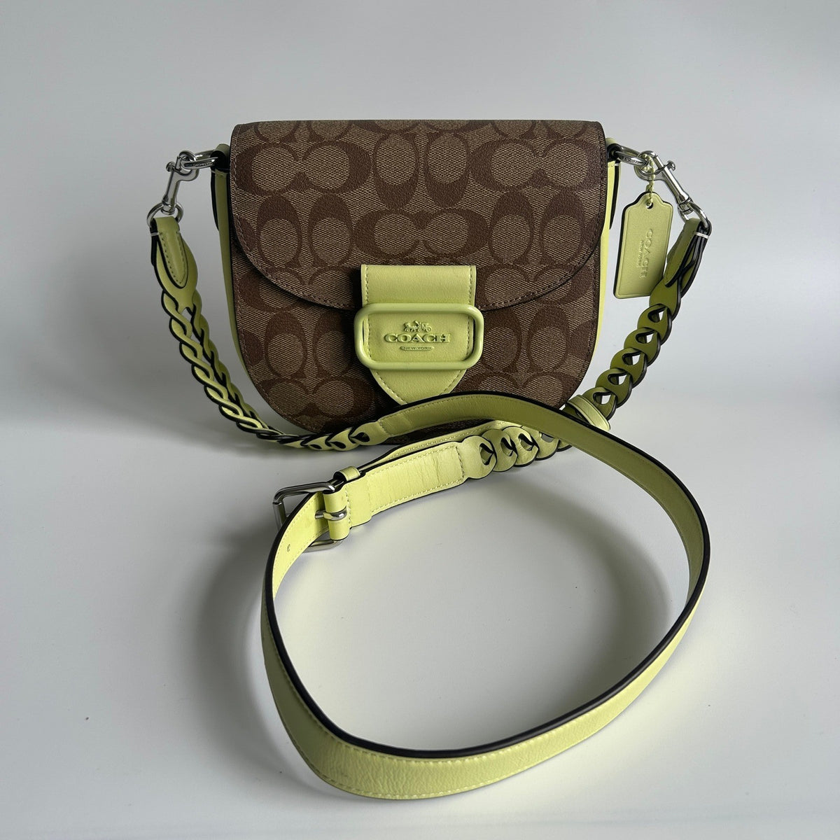 Coach Morgan Saddle Bag Brown Lime Signature Canvas CJ615 Excellent1