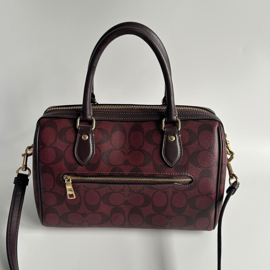 Coach Rowan Satchel Burgundy Signature Canvas Leather Bag Excellent1
