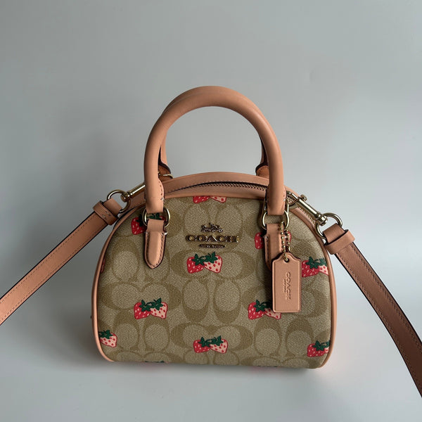 Coach Sydney Satchel Khaki Strawberry Signature Canvas Leather Bag CB5960
