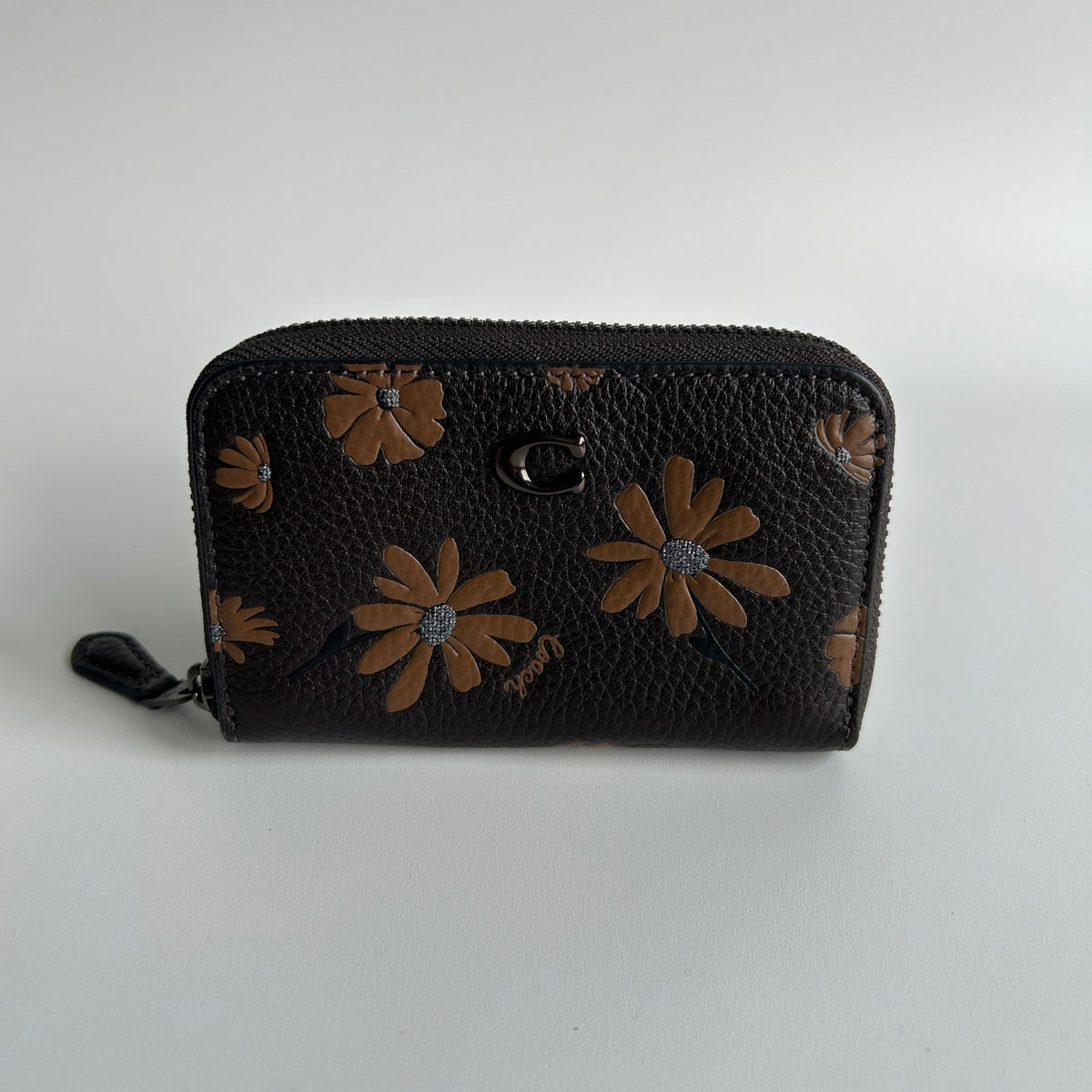 Coach Small Zip Around Wallet Black Floral Pebble Leather C05960