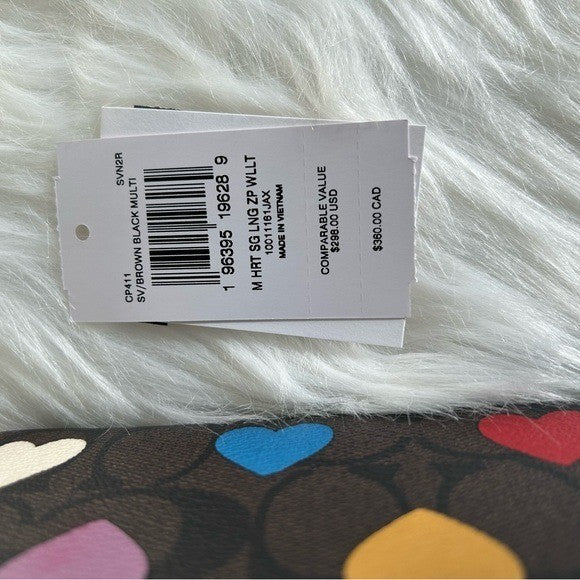 Coach Heart Signature Brown Multi Canvas Long Zip Wallet New3