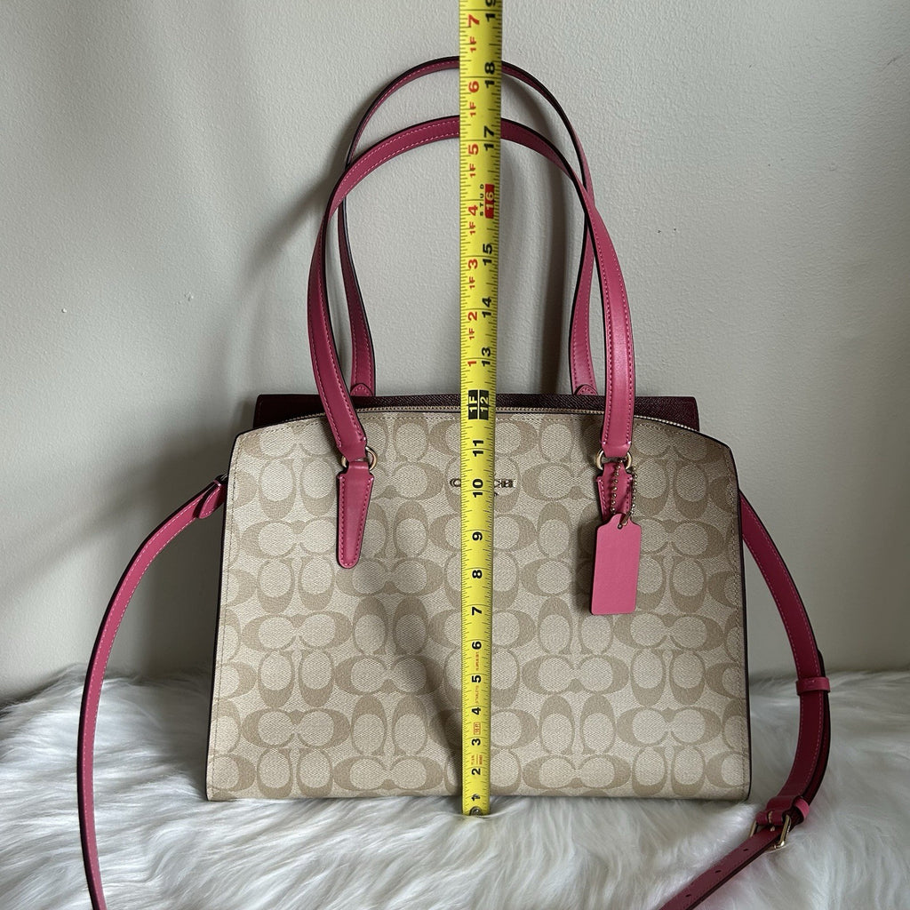 Coach Tatum Carryall 28 Khaki Pink Signature Canvas Leather Bag Excellent10