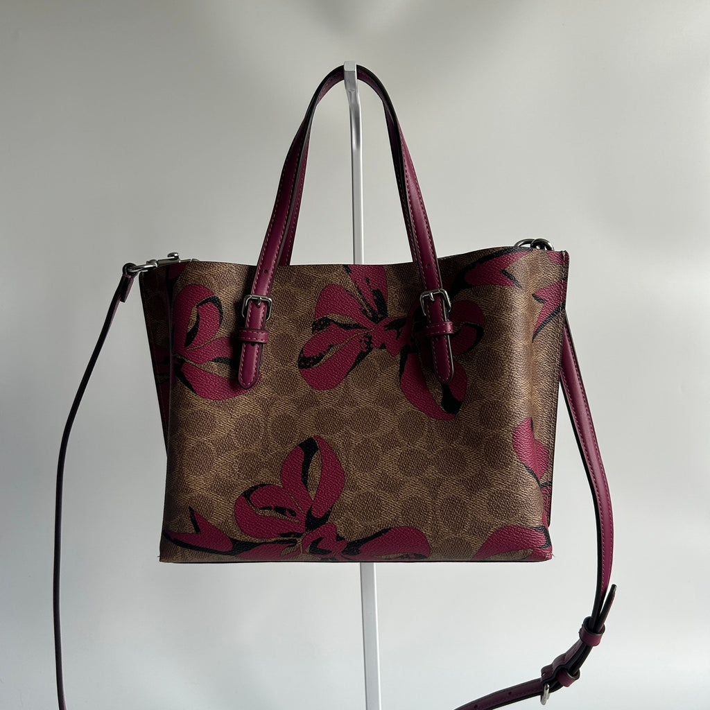 Coach Mollie Tote 25 Brown Pink Signature Canvas Bow Print Tote Excellent1