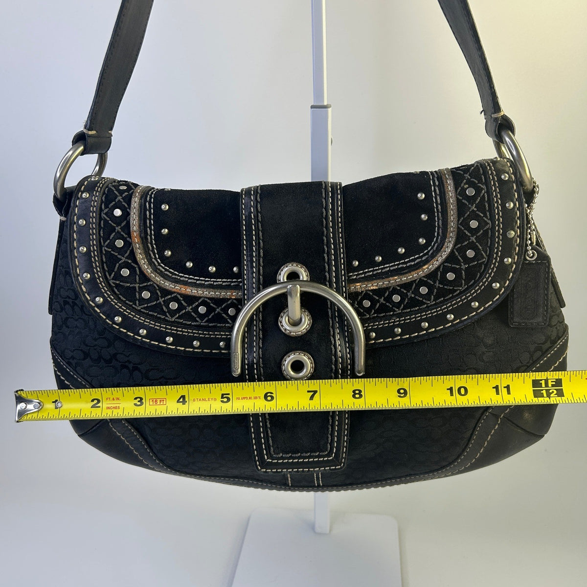Coach Soho Studded Signature Flap Hobo Black Canvas Leather Bag F11517 Good8