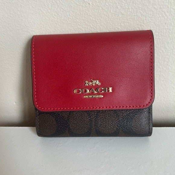 Coach Small Trifold Wallet Red Brown Signature Canvas Leather Excellent0