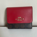 Coach Small Trifold Wallet Red Brown Signature Canvas Leather Excellent0