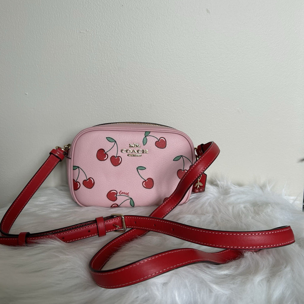 Coach Jamie Camera Bag Pink Cherry Print Pebbled Leather Crossbody Excellent2