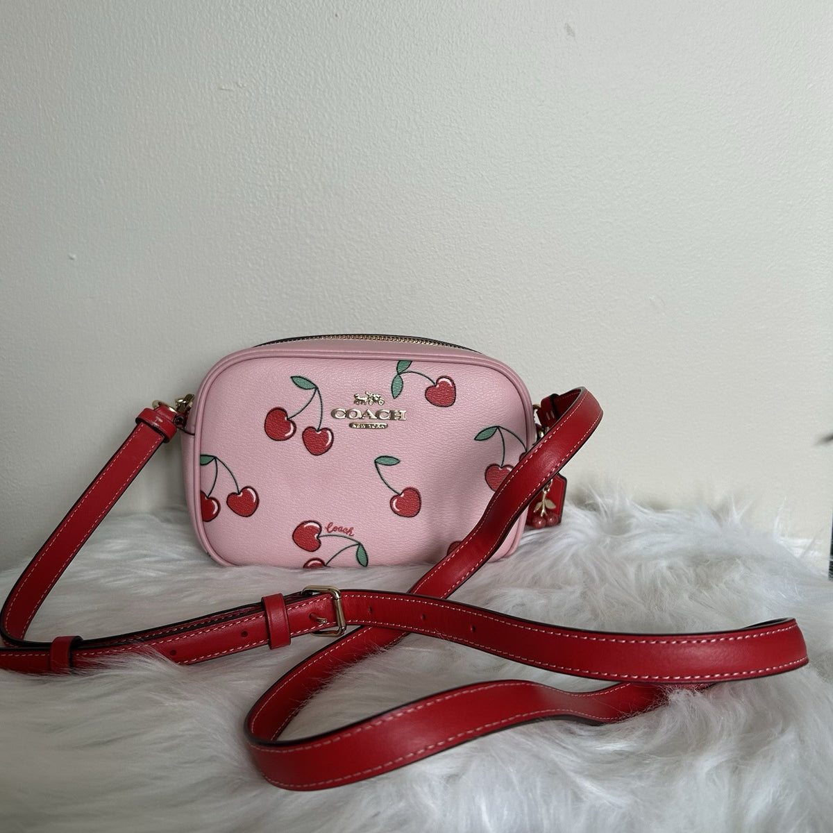 Coach Jamie Camera Bag Pink Cherry Print Pebbled Leather Crossbody Excellent2