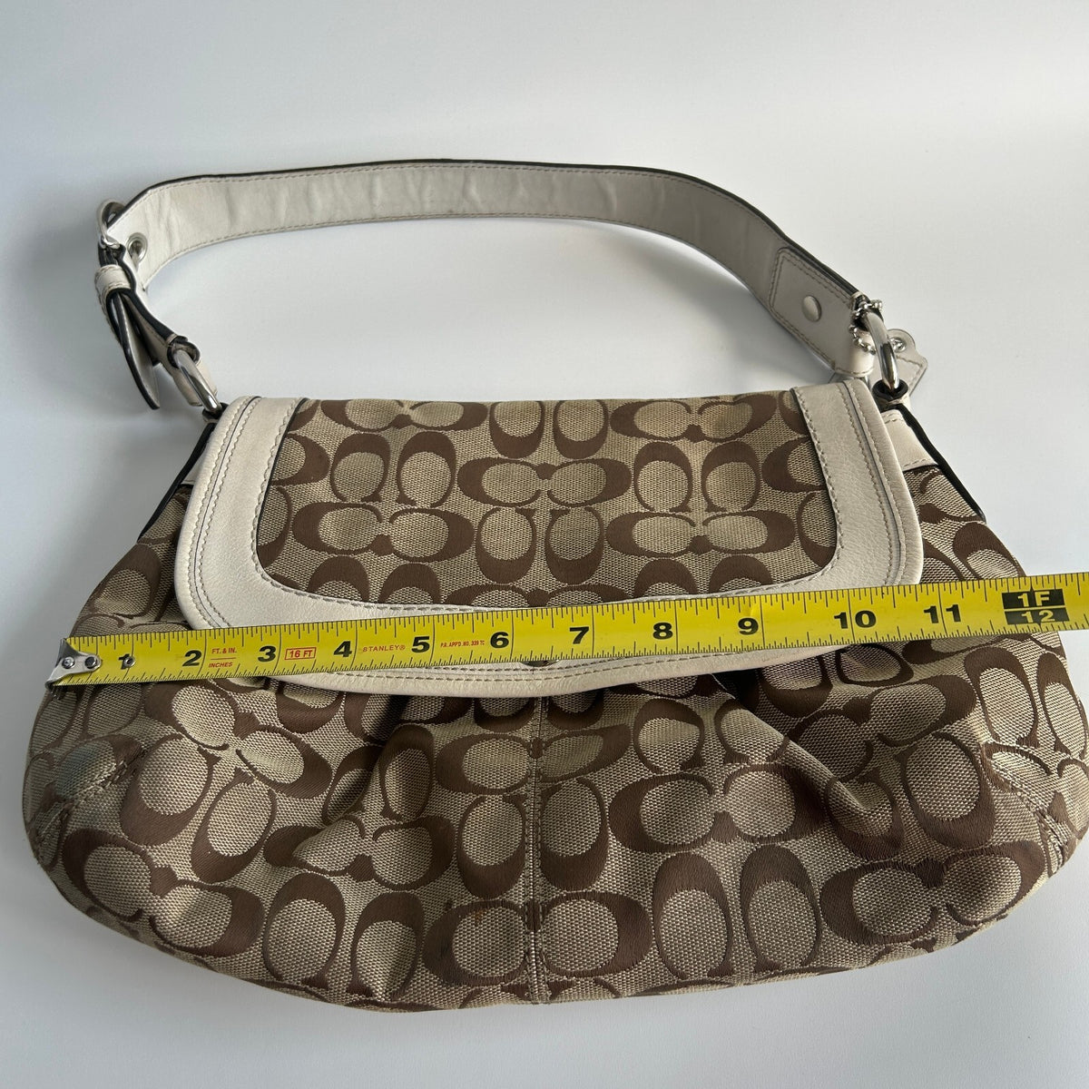 Coach Soho Signature Flap Shoulder Bag Khaki Canvas White Leather Trim8