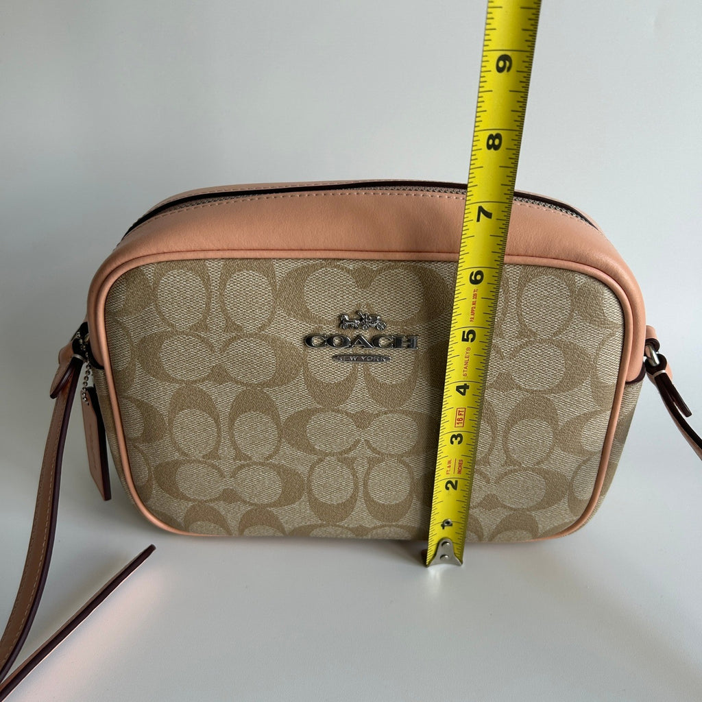 Coach Jamie Camera Bag Khaki Peach Signature Canvas Leather Crossbody Excellent5