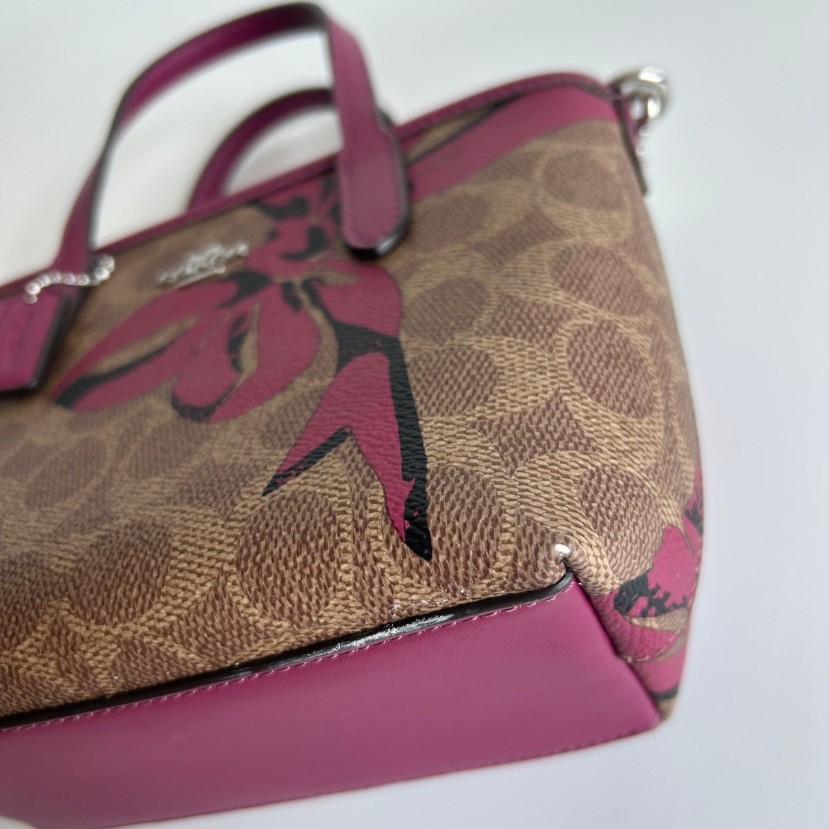 Coach City Mini Tote Brown Pink Bow Signature Canvas Leather Bag Good3