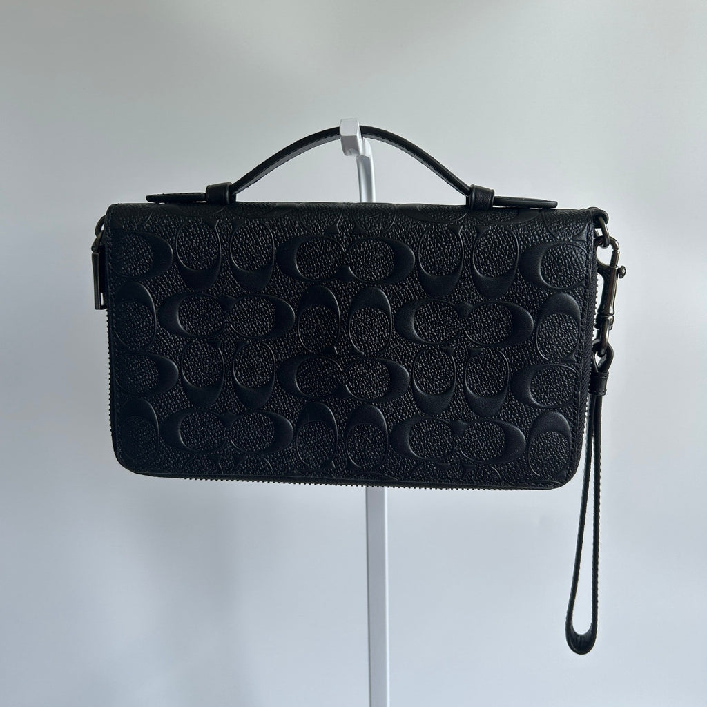 Coach Double Zip Travel Organizer Black Embossed Leather Wallet Excellent1