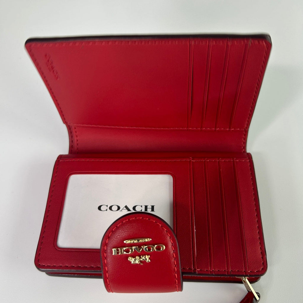 Coach Medium Corner Zip Wallet Walnut Bold Red Signature Canvas NEW2