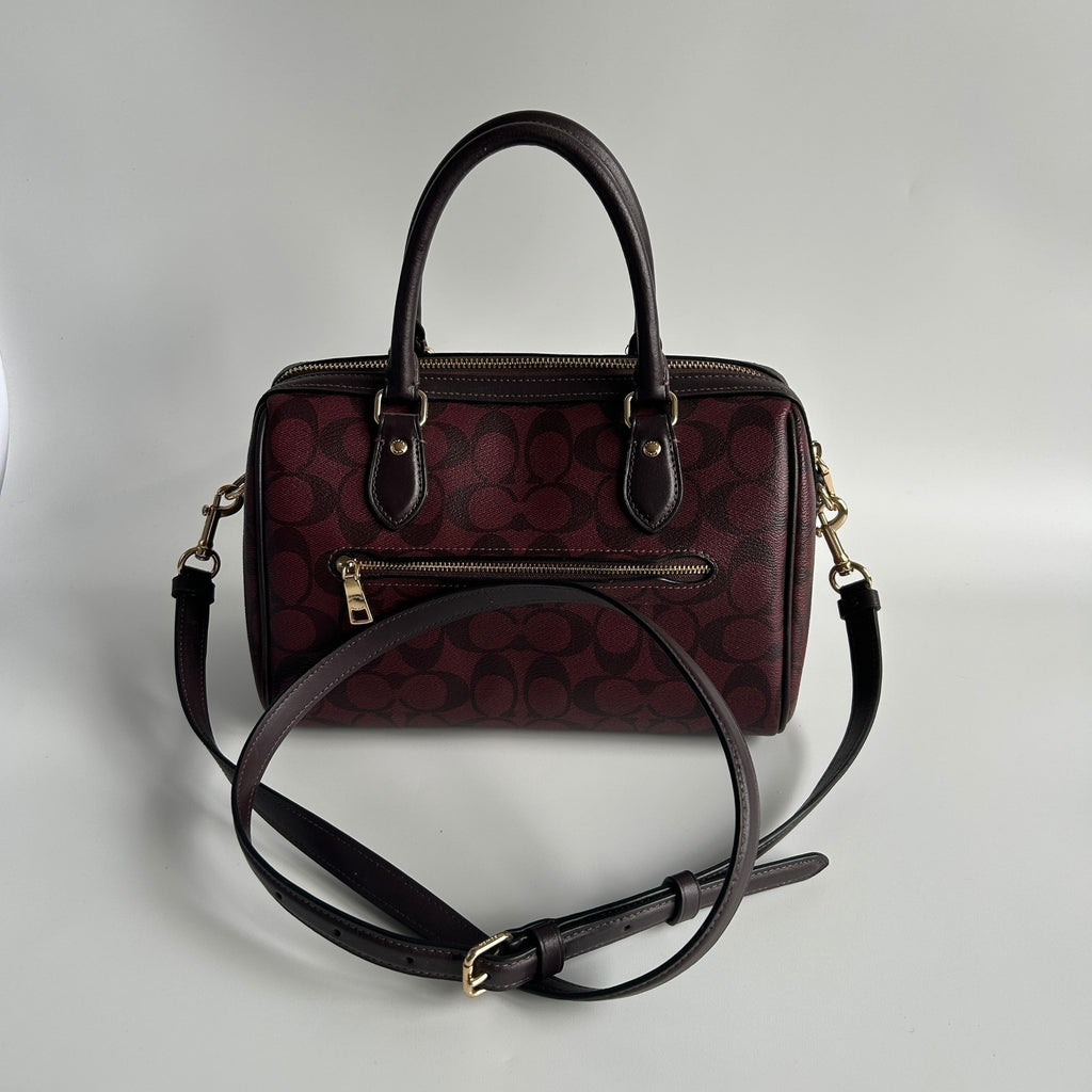 Coach Rowan Satchel Burgundy Signature Canvas Leather Bag Excellent2