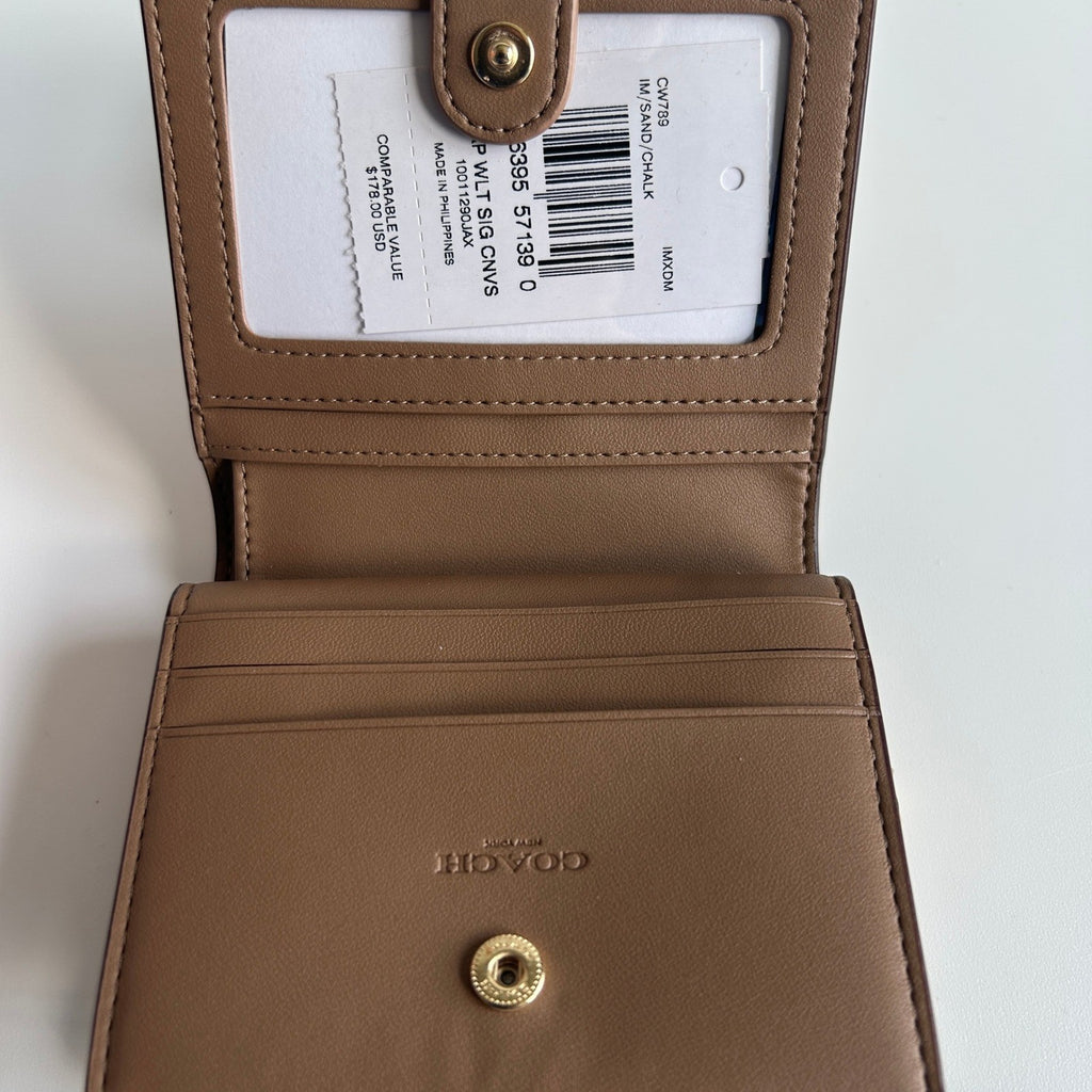 Coach Snap Wallet Sand Chalk Signature Canvas Leather Bifold Good2
