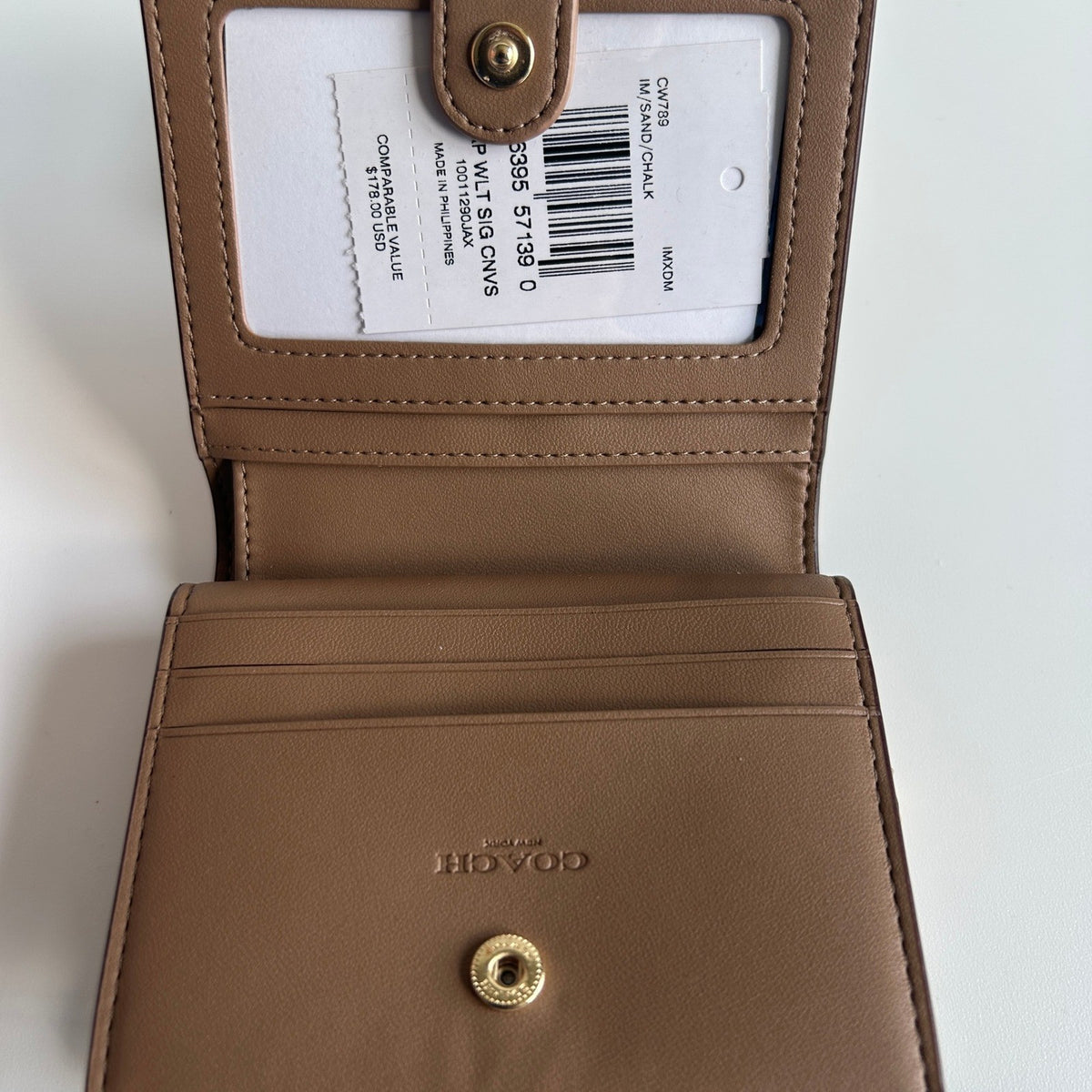 Coach Snap Wallet Sand Chalk Signature Canvas Leather Bifold Good2