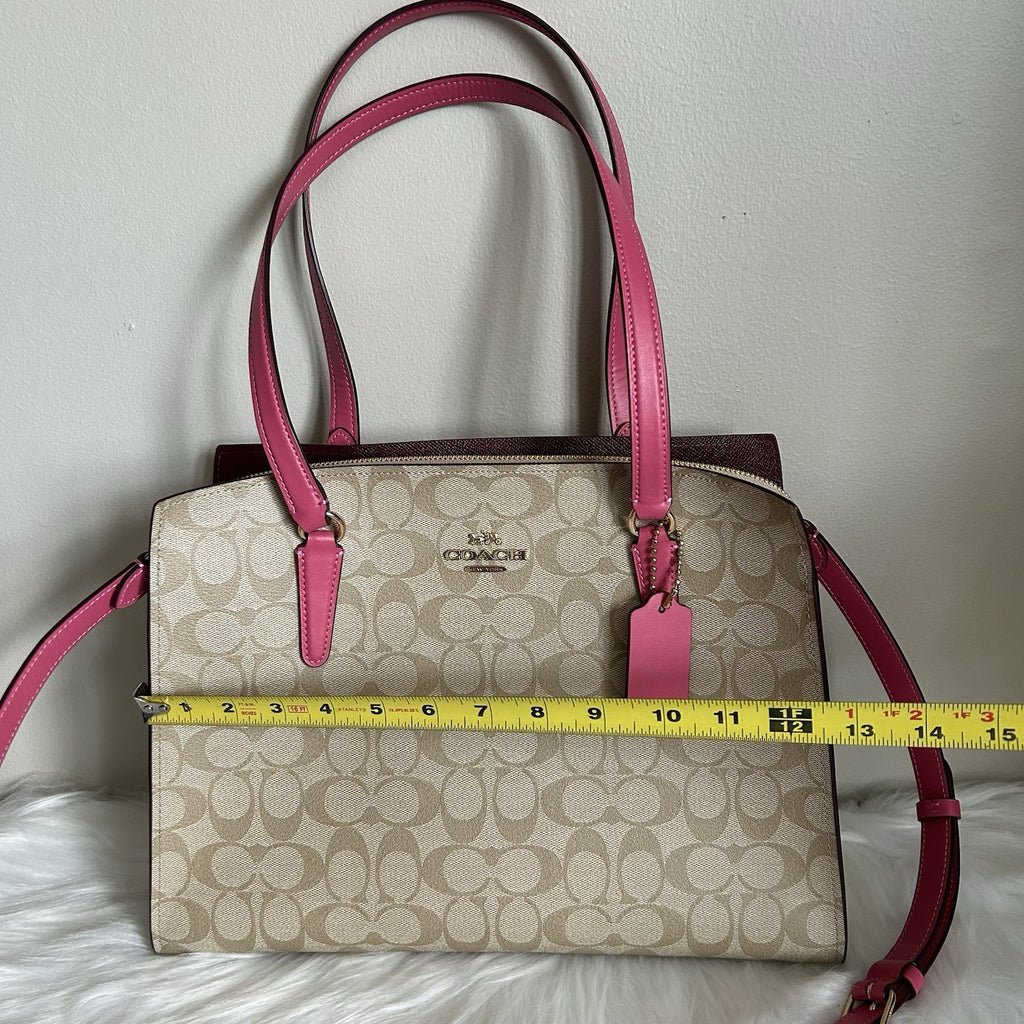 Coach Tatum Carryall 28 Khaki Pink Signature Canvas Leather Bag Excellent9