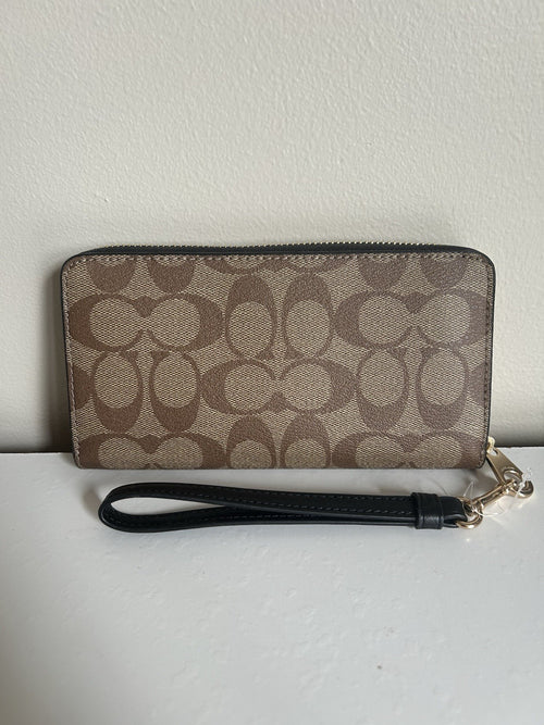Coach Accordion Zip Wallet Khaki Black Signature Canvas NEW1
