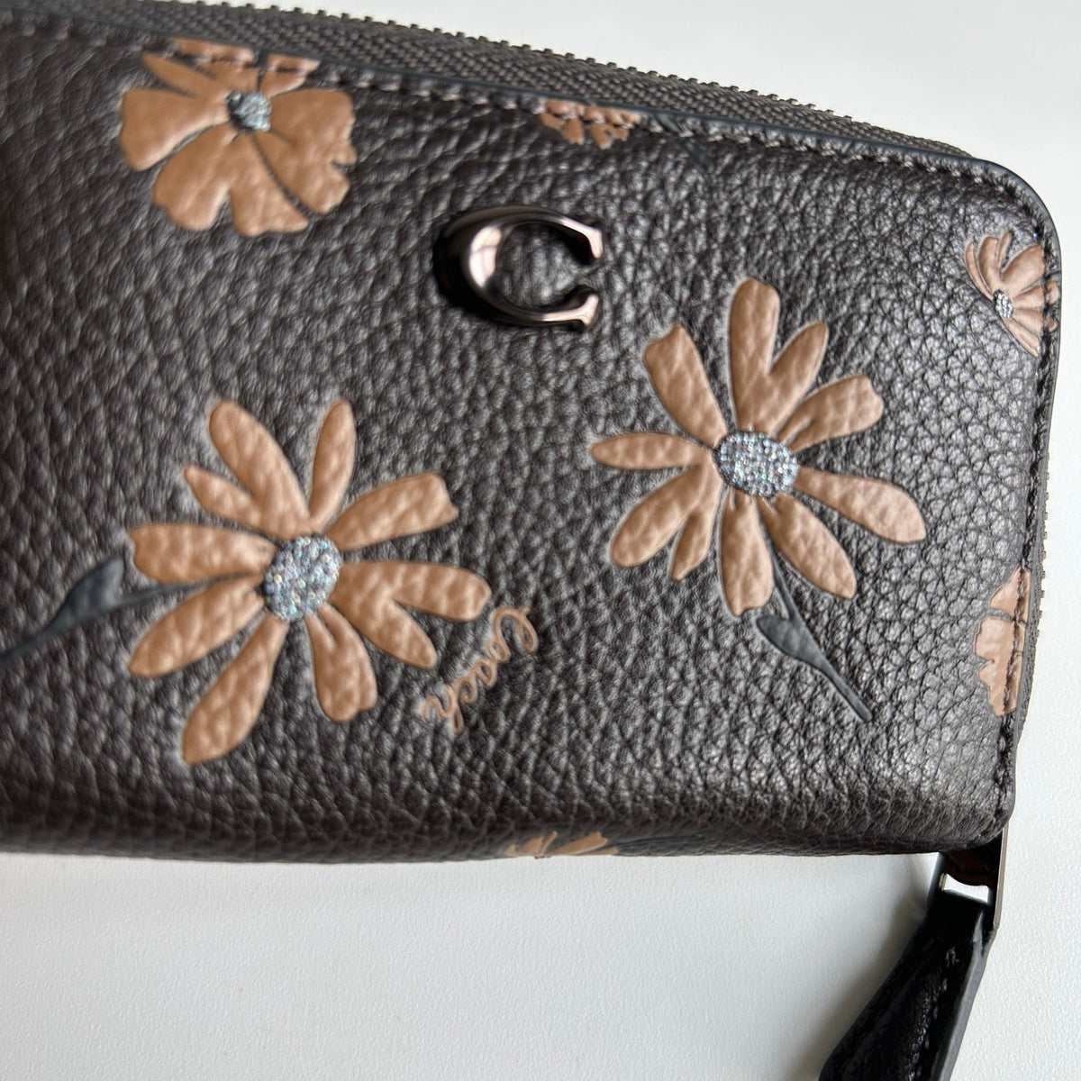 Coach Small Zip Around Wallet Black Floral Pebble Leather C05963