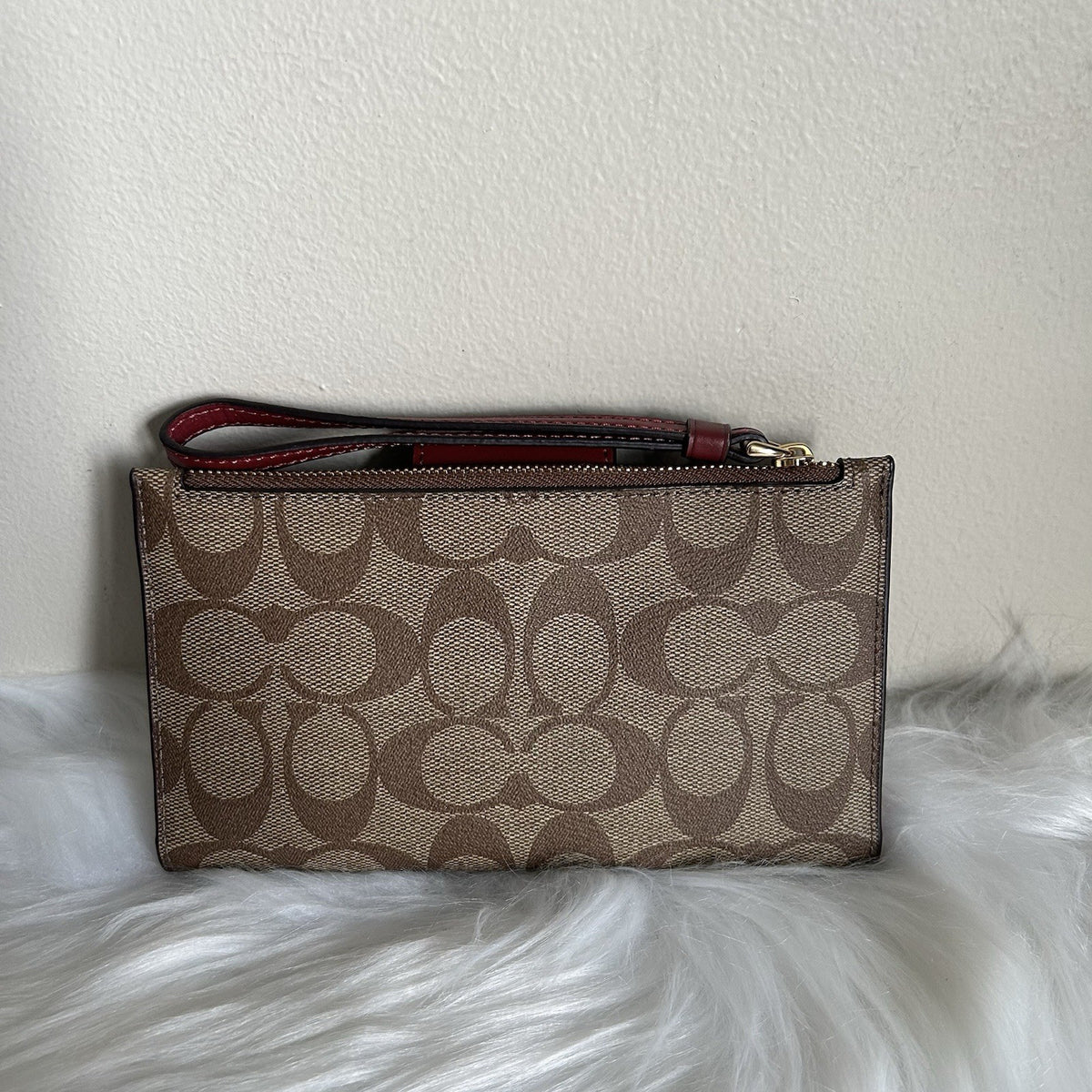 Coach Tech Wallet Khaki Cherry Signature Canvas Leather Wristlet Excellent1