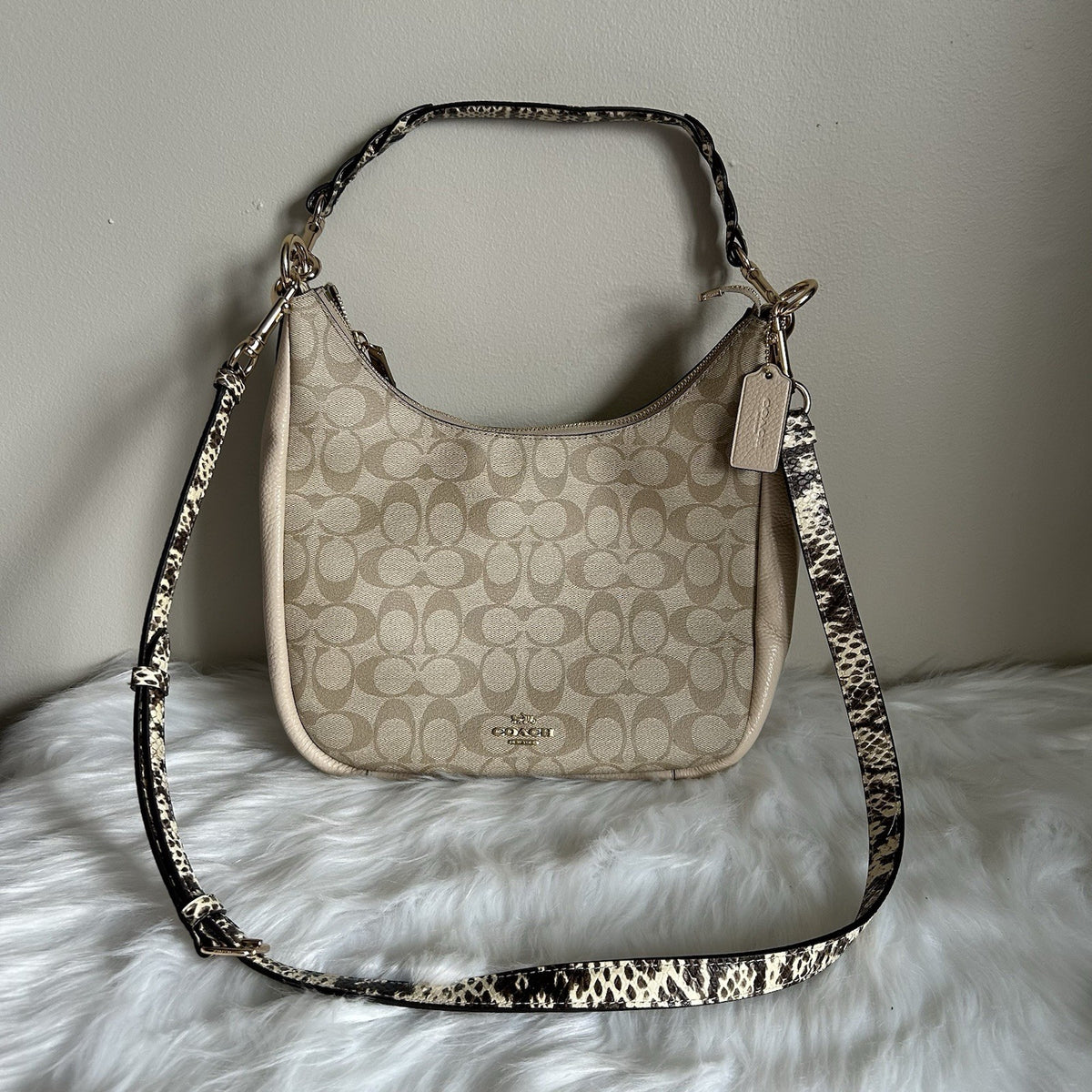 Coach Jules Hobo Khaki Chalk White Canvas Leather Shoulder Bag Excellent1