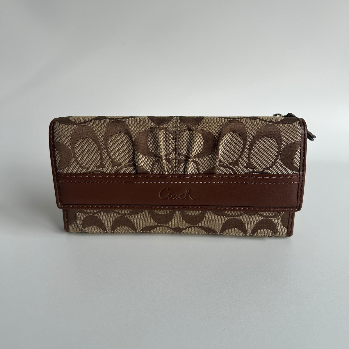 Coach Soho Khaki Brown Signature Jacquard Leather Trifold Wallet 42819 Good0