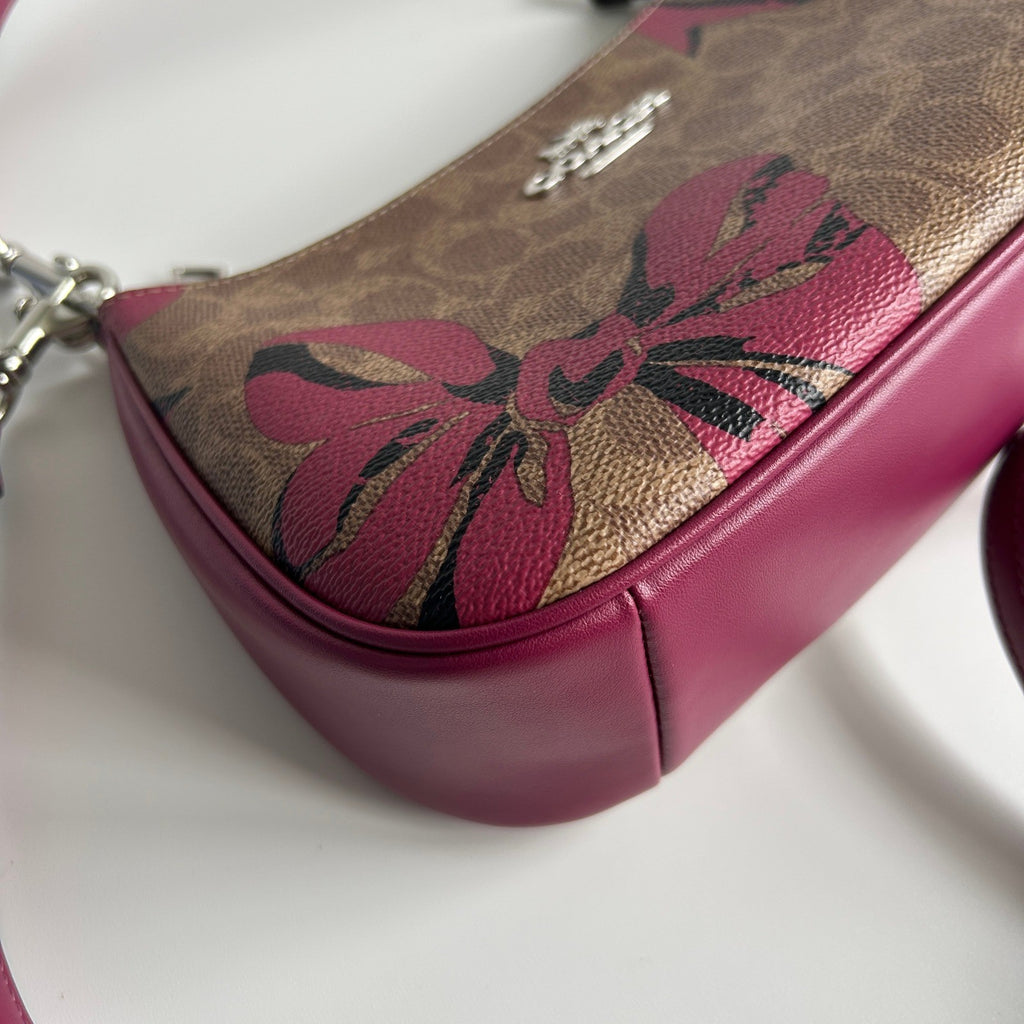 Coach Teri Shoulder Bag Khaki Pink Signature Canvas Bow Print Excellent5