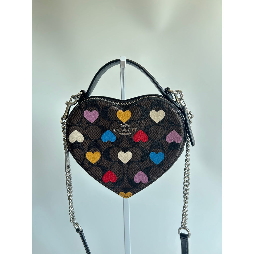 Coach Heart Crossbody Brown Multi Signature Canvas Leather Bag Excellent0