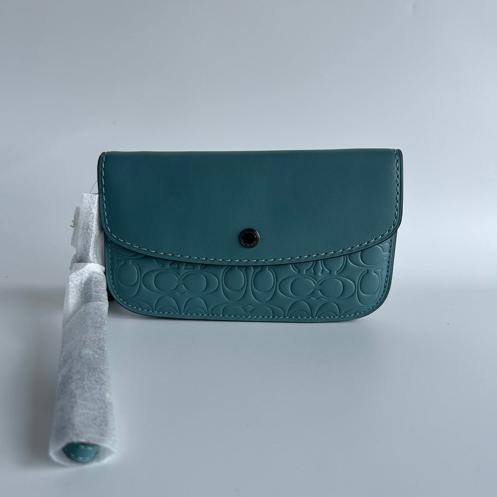 Coach Signature Leather Clutch Dark Turquoise Blue Wristlet NEW0