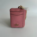 Coach Zip Card Case Peony Pink Pebbled Leather Wallet Gold Chain Strap NWT0