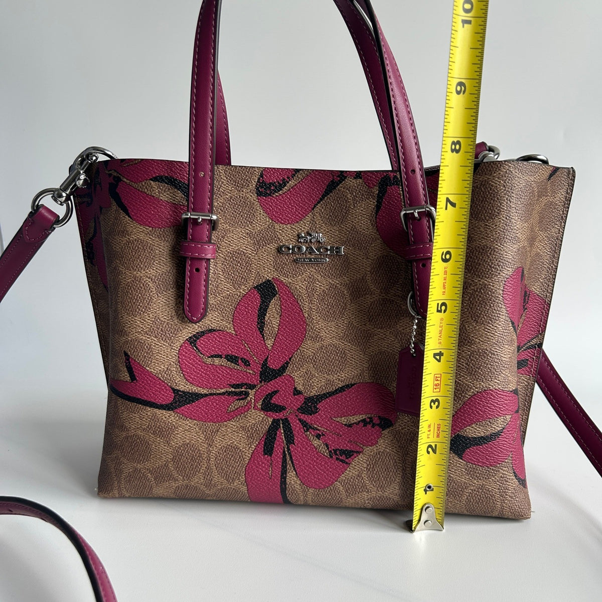 Coach Mollie Tote 25 Brown Pink Signature Canvas Bow Print Tote Excellent5