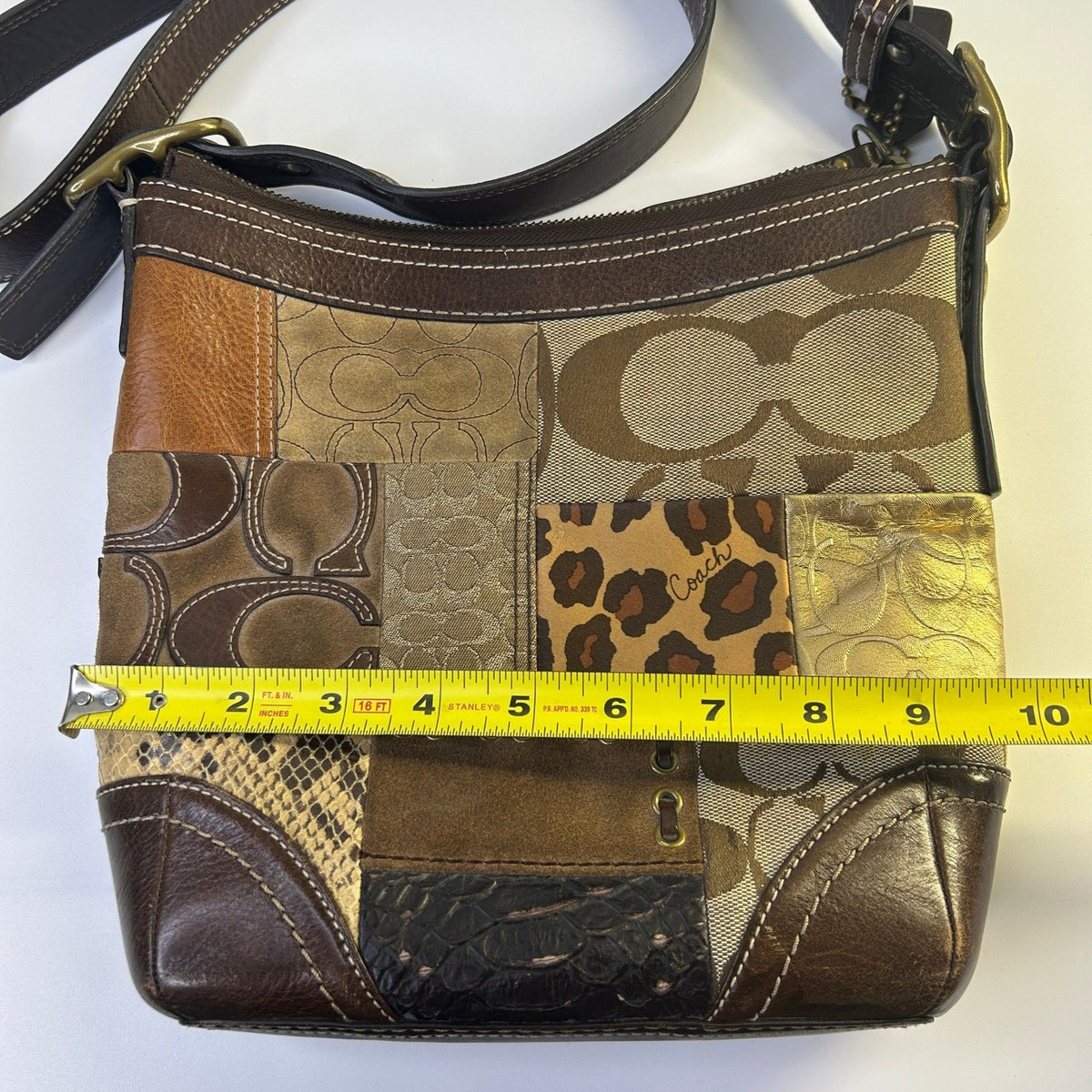 Coach Holiday Patchwork Brown Leather Suede Shoulder Bag F12840 Good7