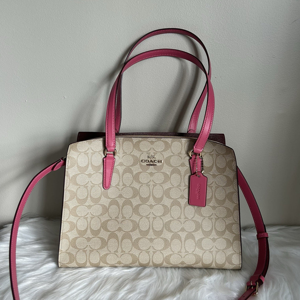 Coach Tatum Carryall 28 Khaki Pink Signature Canvas Leather Bag Excellent0