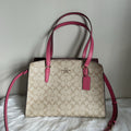 Coach Tatum Carryall 28 Khaki Pink Signature Canvas Leather Bag Excellent0