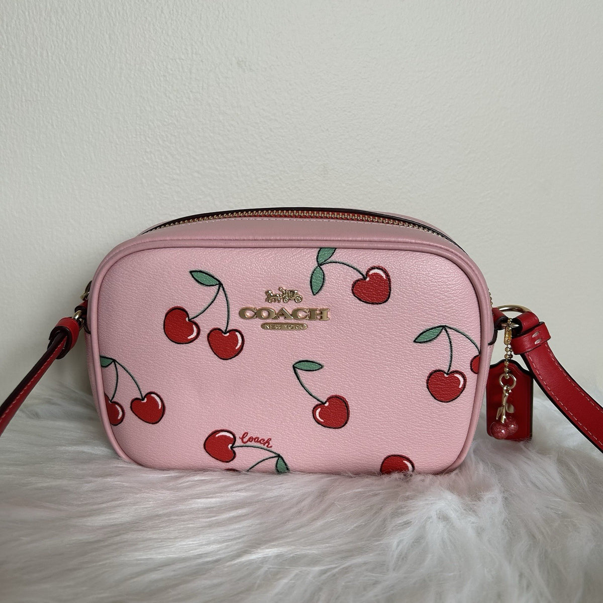 Coach Jamie Camera Bag Pink Cherry Print Pebbled Leather Crossbody Excellent0