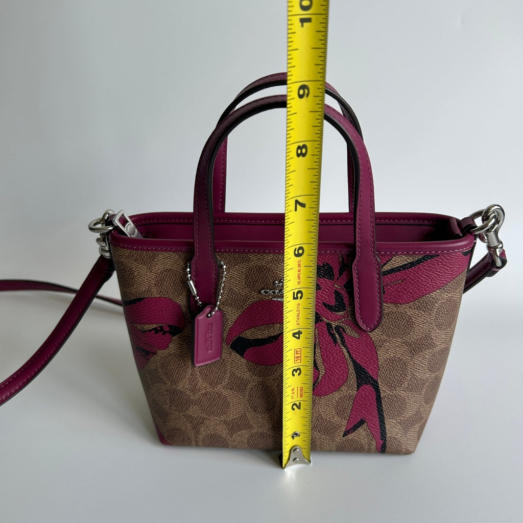 Coach City Mini Tote Brown Pink Bow Signature Canvas Leather Bag Good9