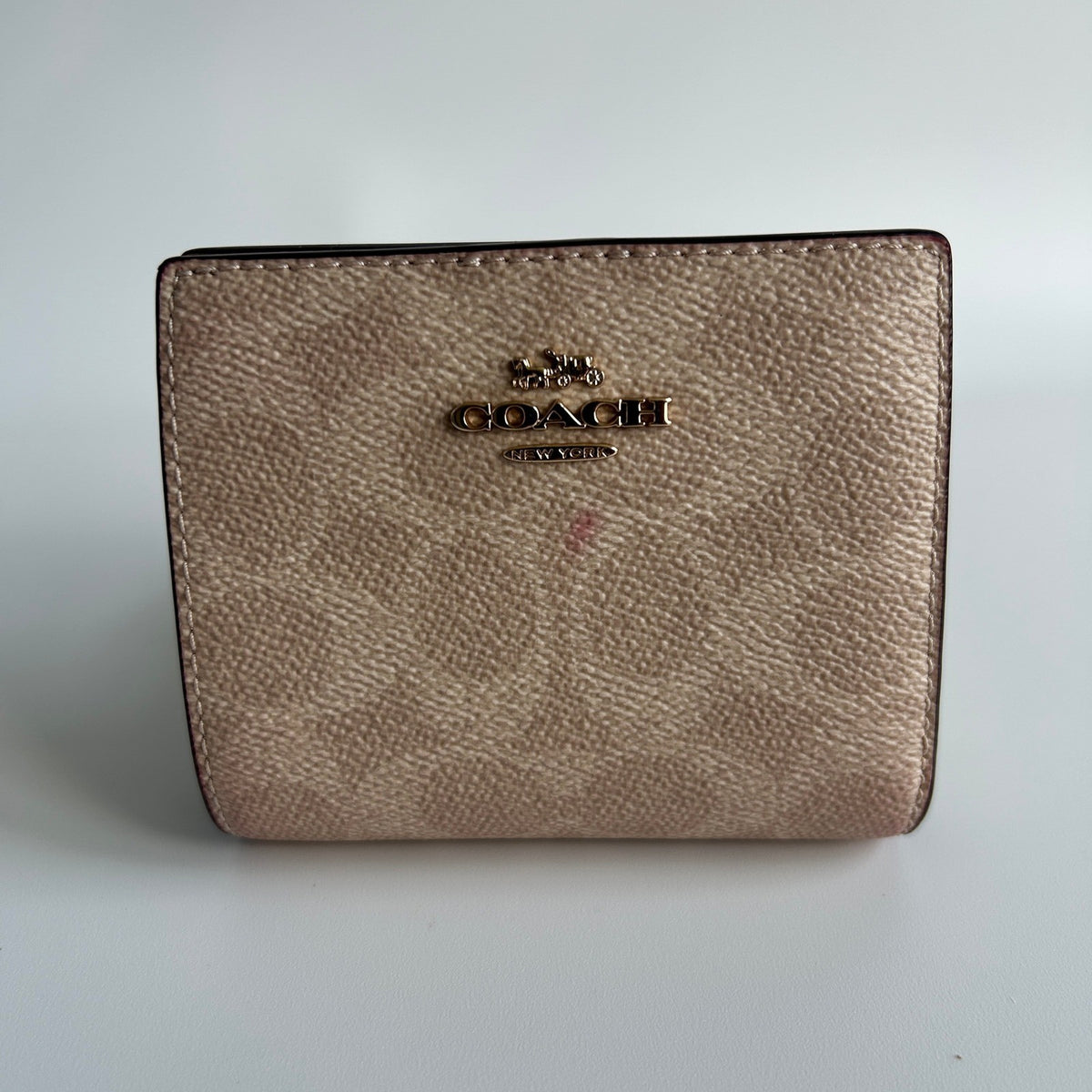 Coach Snap Wallet Sand Chalk Signature Canvas Leather Bifold Good0