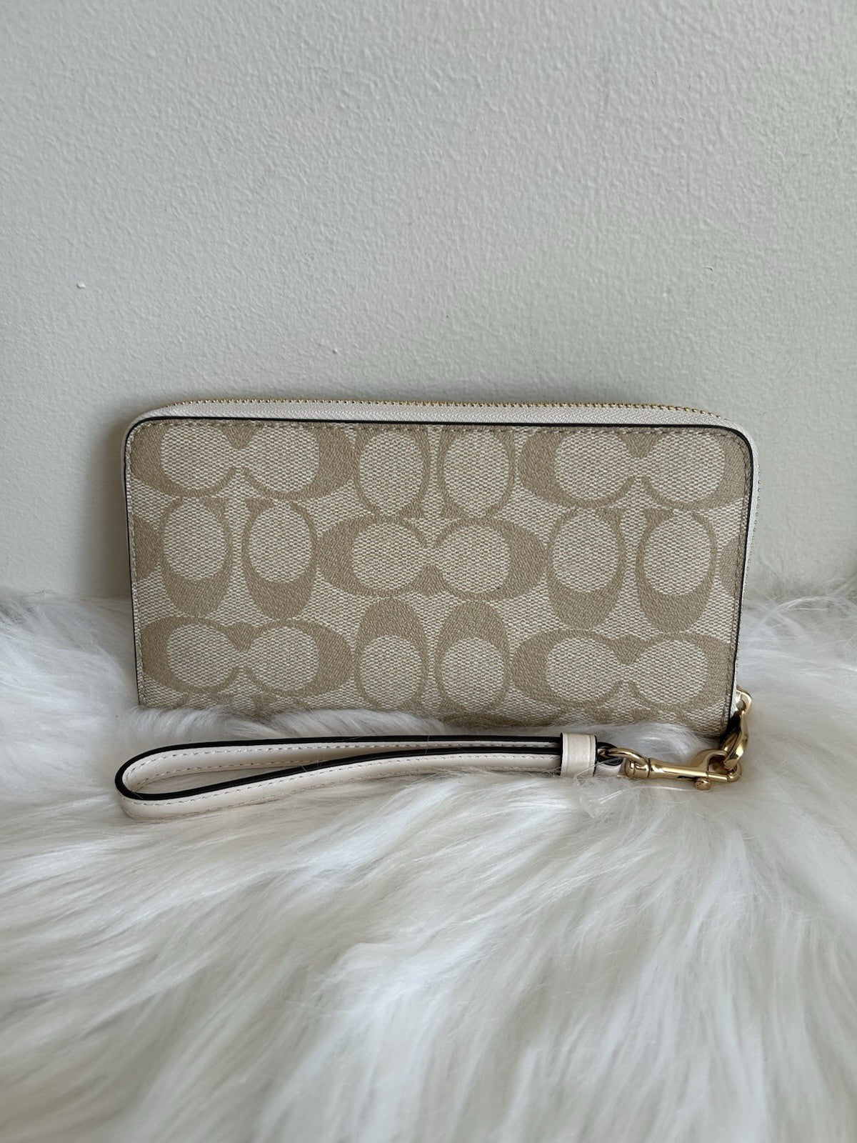 Coach Signature Long Zip Around Wallet Light Khaki Chalk Canvas Leather NEW1
