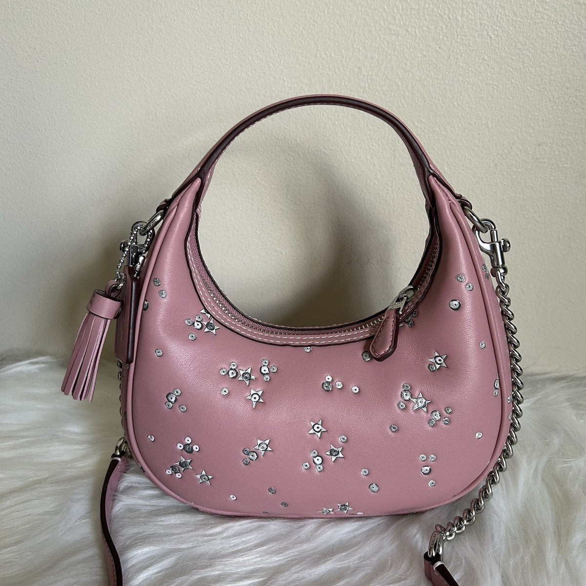 Coach Carmen Mini Crossbody Dusty Pink Leather Star Sequin Bag New1
