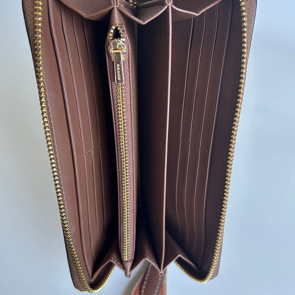 Coach Long Zip Around Wallet Brown Tan Signature Canvas Wristlet Excellent3