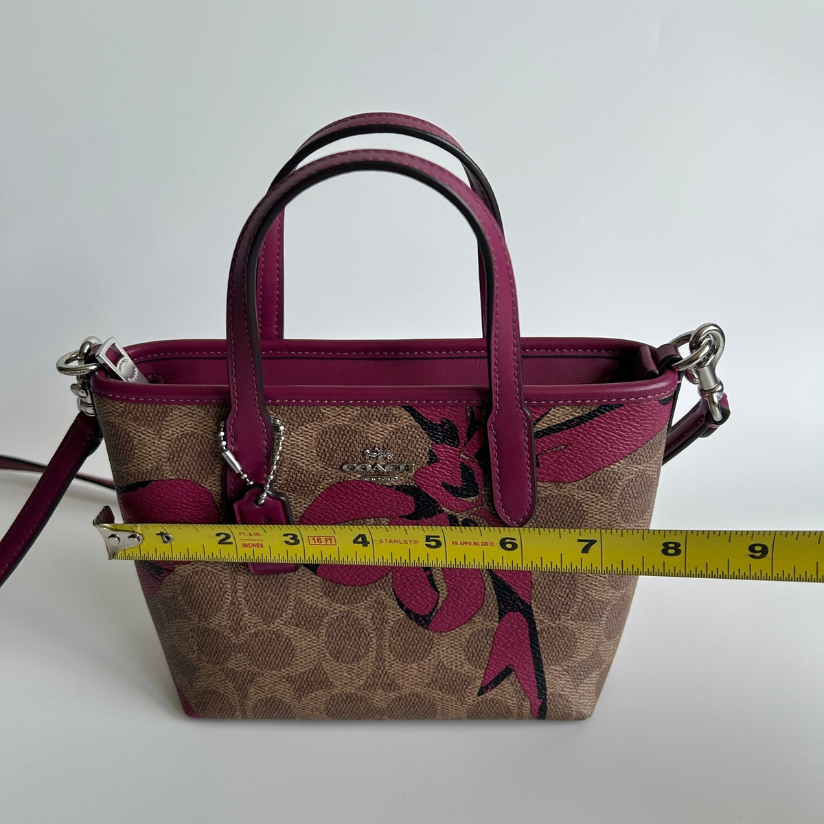 Coach City Mini Tote Brown Pink Bow Signature Canvas Leather Bag Good8