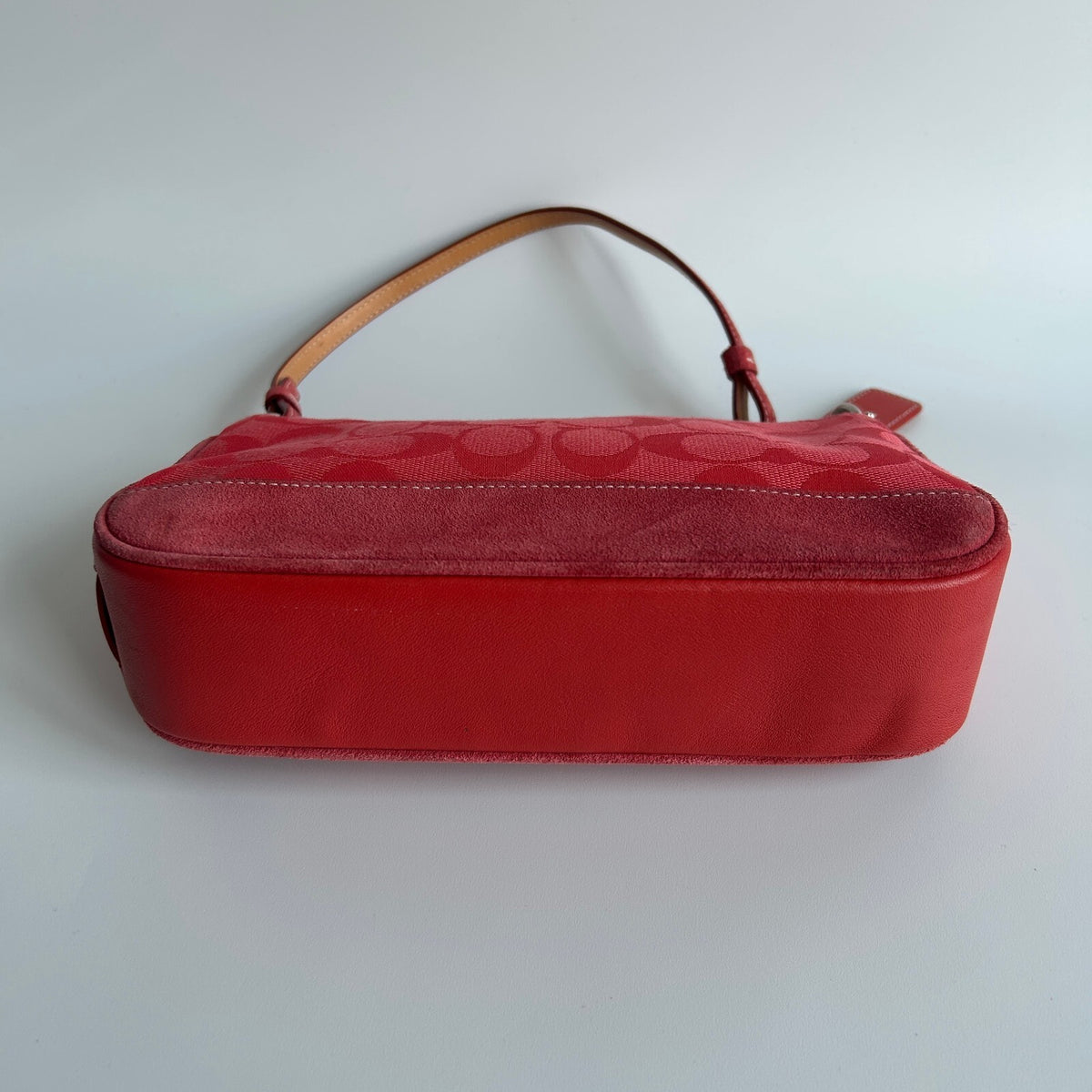 Coach Signature Jacquard Mini Demi Pouch Shoulder Bag Red Canvas Suede Trim 60942