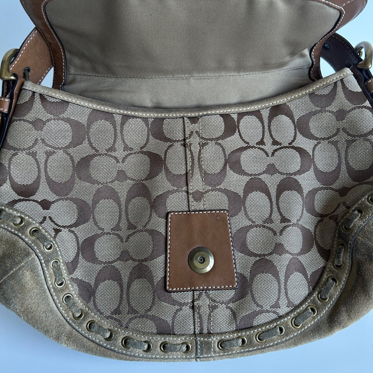 Coach Soho Signature Brown Canvas Suede Buckle Flap Shoulder Bag 9373 Good4