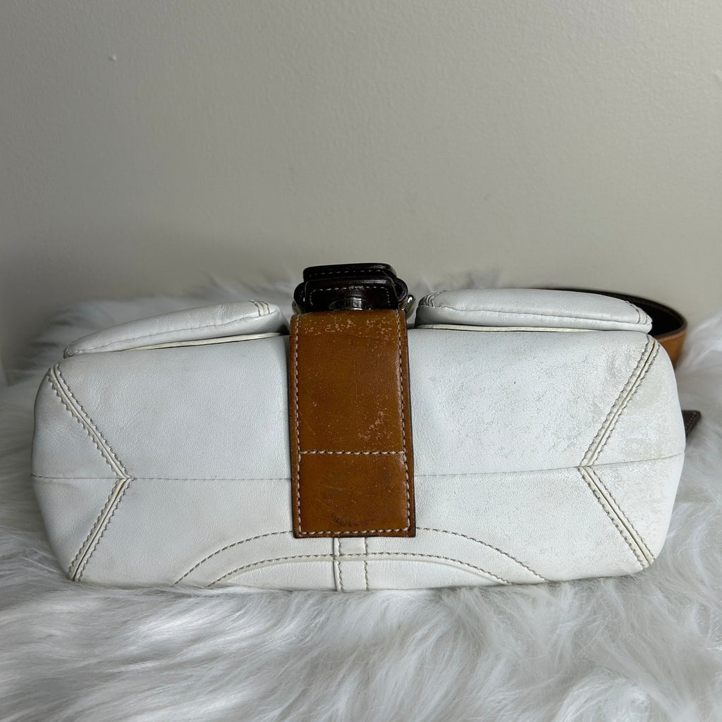 Coach Soho Buckle Flap White Tan Leather Shoulder Bag GOOD4