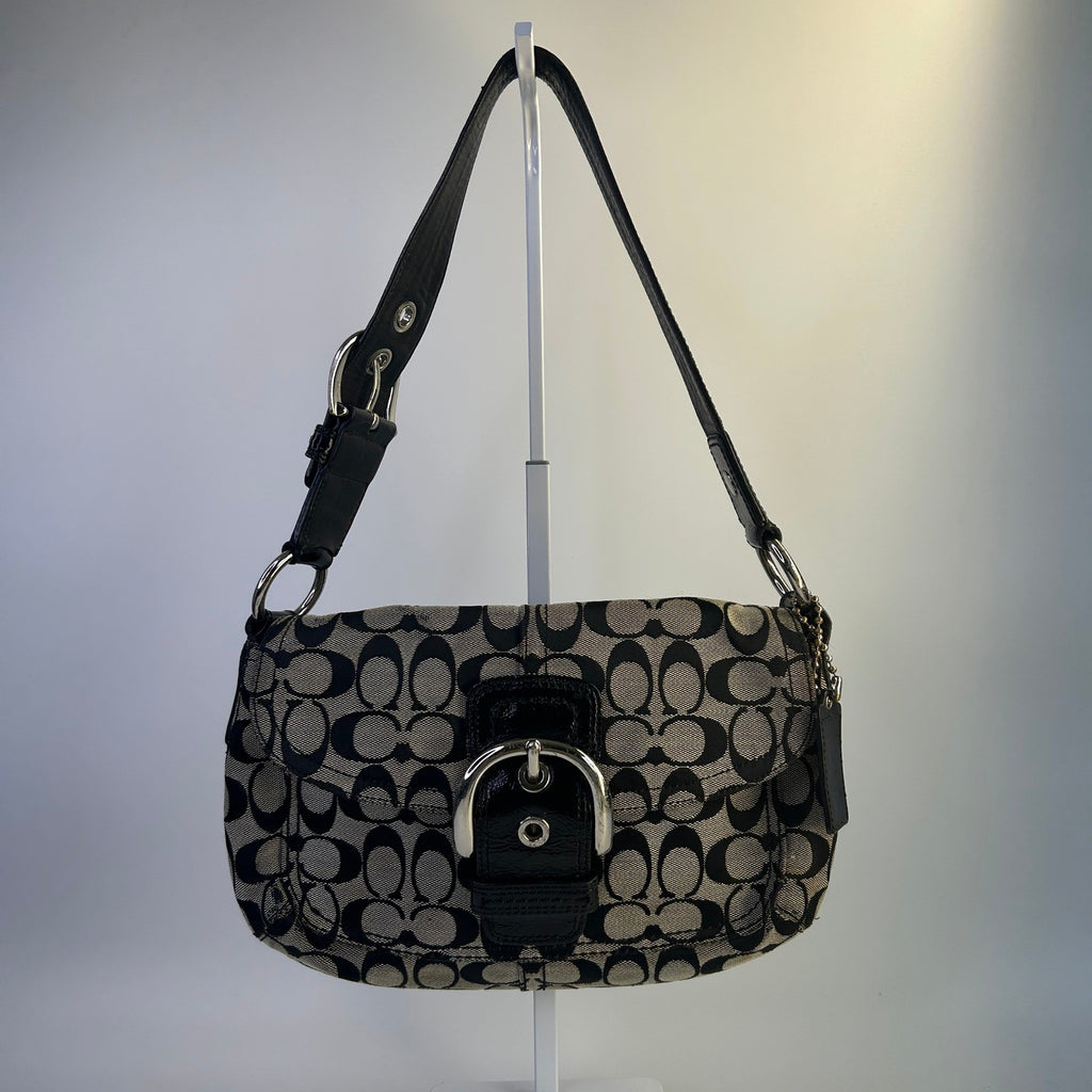 Coach Soho Signature Flap Black Canvas Leather Shoulder Bag 11862 Good0