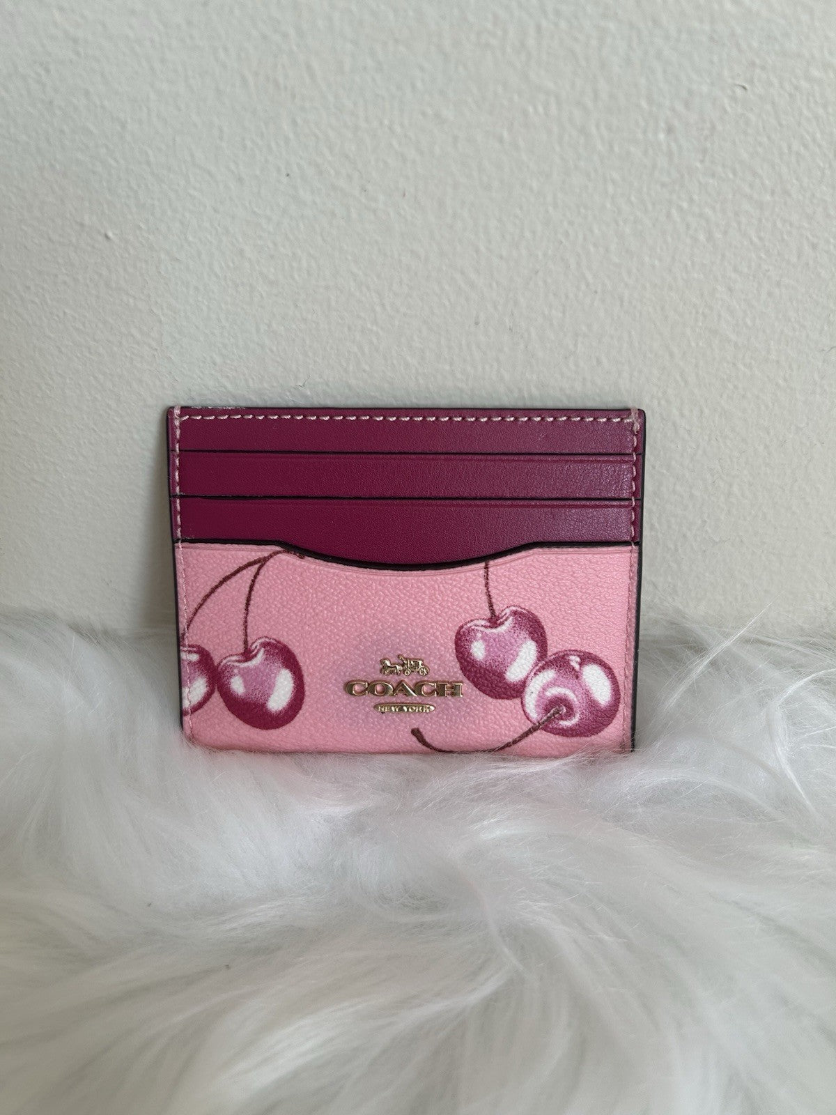 Coach Cherry Print Pink Crossgrain Leather Card Case Excellent0