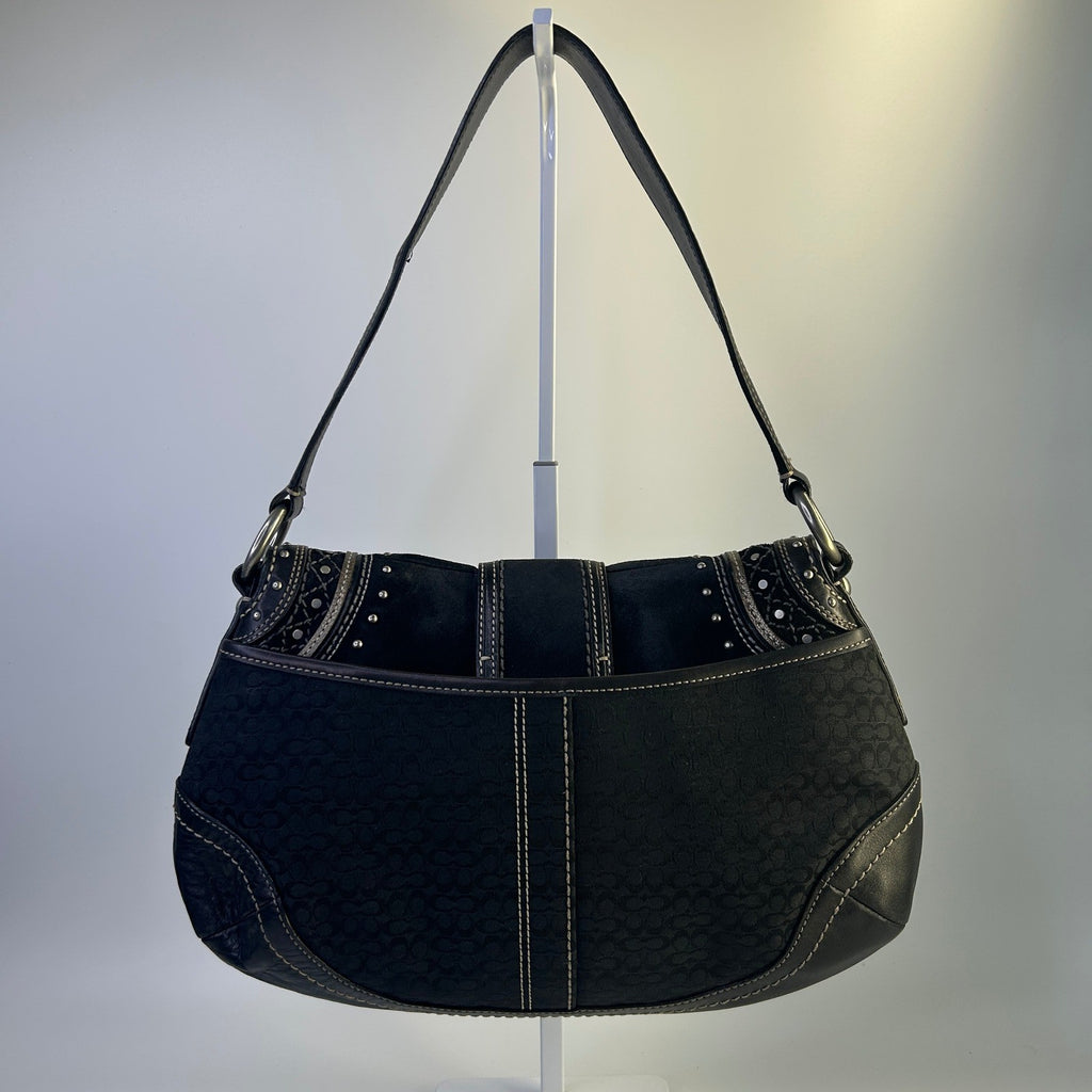 Coach Soho Studded Signature Flap Hobo Black Canvas Leather Bag F11517 Good1