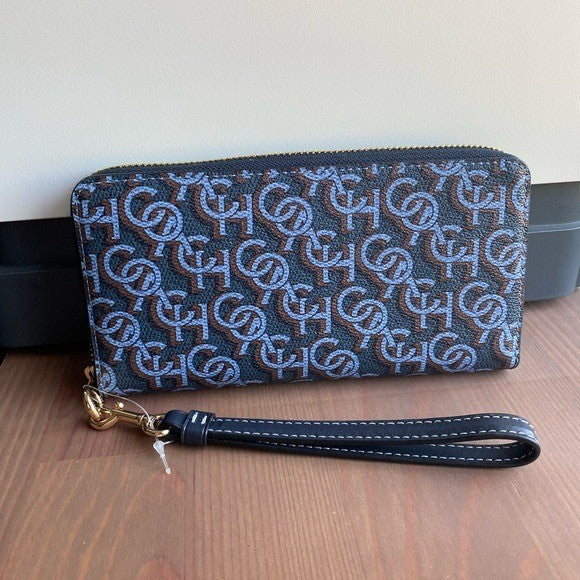 Coach Long Zip Around Wallet Navy Monogram Coated Canvas New0